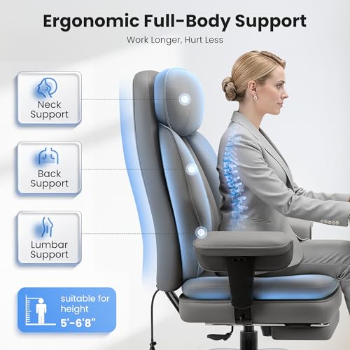Ergonomic Office Chair with Lumbar Support, Big and Tall Comfy Desk Chair - color: Grey