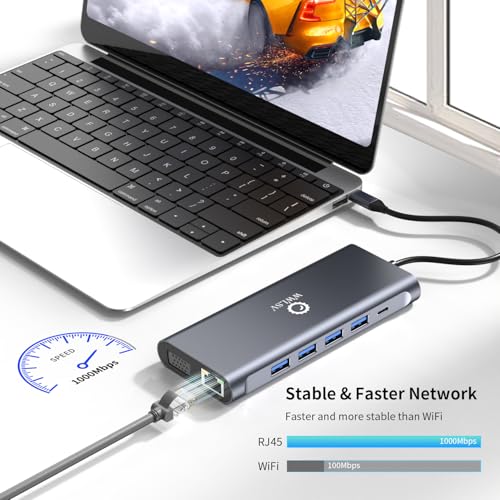 12-in-1 USB C Hub Laptop Docking Station, Dual Monitor Display HDMI 4K@60Hz (Single Display), VGA 1080p (Shared Bandwidth), 100W PD, Ethernet, USB 3.0, SD, Audio, for MacBook, Dell, HP, Lenovo - color: Gray