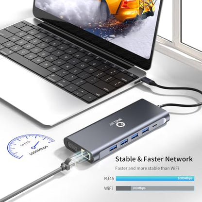 12-in-1 USB C Hub Laptop Docking Station, Dual Monitor Display HDMI 4K@60Hz (Single Display), VGA 1080p (Shared Bandwidth), 100W PD, Ethernet, USB 3.0, SD, Audio, for MacBook, Dell, HP, Lenovo - color: Gray
