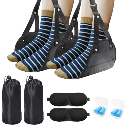 2 Pack Airplane Foot Hammock, Foot Rest for Under Desk at Work, Length Adjustable Airplane Foot Rest for Long Trip, Plane Travel Flight Essentials with Eye & Earplugs, Leg Hammock to Relax Your Feet