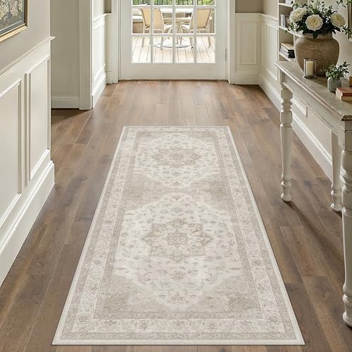 PureCozy Beige 2x5 Washable Runner Rug Vintage Oriental Medallion Carpet | Soft Low Pile, Non Slip, Stain Resistant, Neutral Retro Decor for Entryway, Kitchen, Bedroom, Hallway - color: Beige, size: 2' x 5' (Runner)