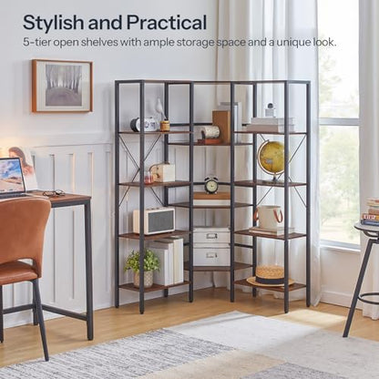 HOOBRO Industrial Corner Bookshelf, 5-Tier L-Shaped Bookcase, Open Display Storage Rack, Floor Standing Storage Shelf, for Living Room, Bedroom, Home Office, Rustic Brown and Black BF68SJ01