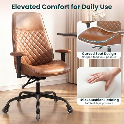 NEO CHAIR Brown Leather Office Chair with Ergonomic Design, Swivel Chair | Modern Computer Desk Chair with Lumbar Support, Adjustable Height Arms, Comfy Chair for Home Office, Smooth Rolling Design - color: E. High-back Brown