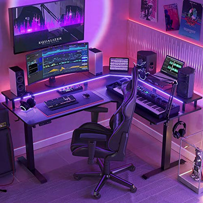 FEZIBO 63"x49" L Shaped Standing Desk with LED Strip & Power Outlets, Height Adjustable Sit Stand Corner Computer Desk with Ergonomic Monitor Stand, Black Top/Black Frame