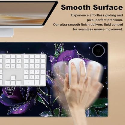Heated Desk Pad 23.6" x 14.2" 3 Large Heated Mouse Pad with Heat Levels (40°C/45°C/50°C) & 3H Auto Shut-Off Desk Mat Fast Heating PU Leather Warmer Mousepad for Home Office - Purple Rose Flowers - color: Purple Rose Flowers, size: 23.6 x 14.2 inch