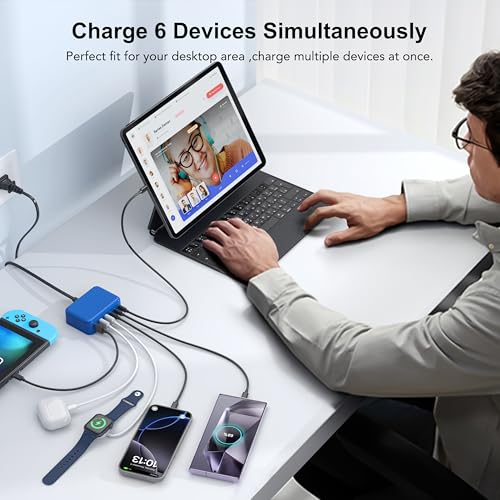 USB Fast Charger Block 50% Smaller 100W Max 6-Port GaN USB Charging Station - color: C-Blue, size: 100W