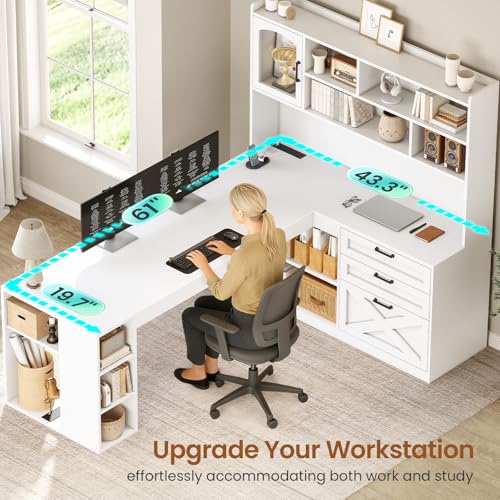 SEDETA Farmhouse 61” L Shaped Office Desk with Drawers, Storage Shelves - color: White, size: 61 inches
