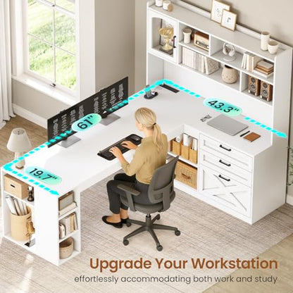 SEDETA Farmhouse 61” L Shaped Office Desk with Drawers, Storage Shelves - color: White, size: 61 inches
