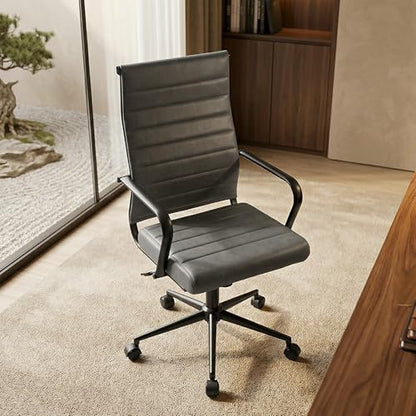 Okeysen Genuine Leather Office Desk Chair, Mid-Century Modern Real Leather Conference Room Chairs, Ergonomic Executive Ribbed Height Adjustable Swivel Rolling Chair for Home Office. - color: Dark Grey