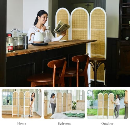 Svimi Room Dividers and Folding Privacy Screens, Pine Wood 5.6 Ft Double Hinged Rattan Partition Freestanding Wall Room Divider for Home - 3 Panels (White) - color: White, size: 3 Panels