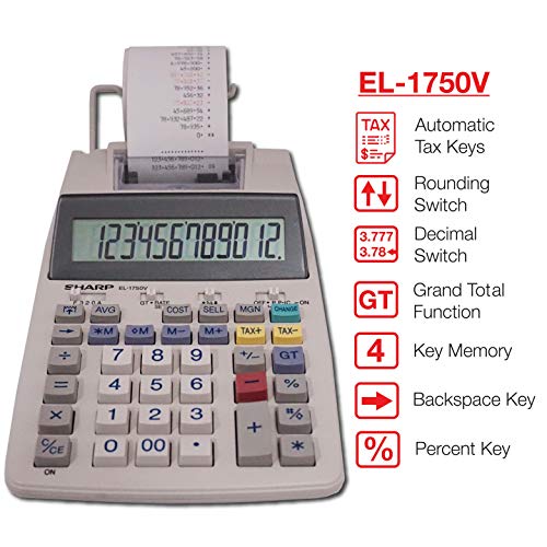 Sharp 12-Digit Desktop Printing Calculator, White (EL-1750V)