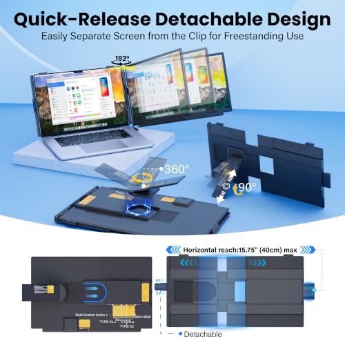 15.6" Laptop Screen Extender, 1080P FHD Detachable Portable Monitor for Laptop with Independent Stand, Vertical Travel Monitor Extender for Mac/Windows/Android/Game Console