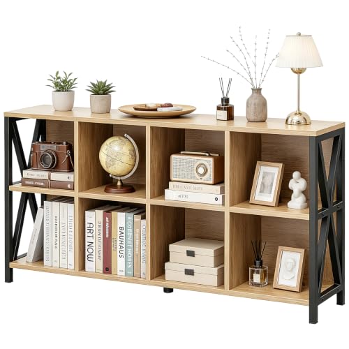 8 Cube Organizer Horizontal Bookshelf, Metal X-Bracket Reinforced Storage Bookcase, Farmhouse Display Shelf with Adjustable Feet, for Living Room Home Office Entryway (63",Maple)