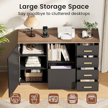 47.2" File Cabinet with 5 Drawer & Door, Charging Station | Office Storage Cabinet with Adjustable Shelves, Fits A4/Letter Size, Printer Stand with Storage for Home Office, Black Walnut