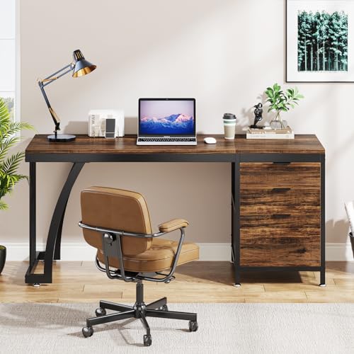 Tribesigns 59 Inch Computer Desk with 3 Drawers, Industrial PC Desk Study Writing Table Workstation with File Storage, Home Office Desks with Large Desktop and Metal Frame, (Rustic Brown) - color: Rustic Brown
