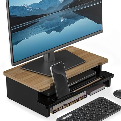 16.5” Bamboo Monitor Stand with Phone & Tablet Holder Desk Shelf - color: Black, size: 16.5 inch