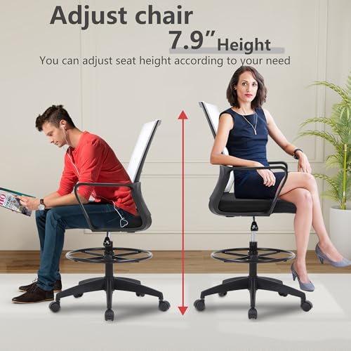 BestOffice Drafting Chair Tall Office Chair Adjustable Swivel Rolling Mesh Height with Lumbar Support Arms Footrest Mid Back for Adults Standing Desk Drafting Stool (Beige) - color: Beige