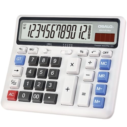 Desktop Calculator Extra Large LCD Display 12-Digit Big Number Accounting Calculator with Giant Response Button, Battery & Solar Powered, Perfect for Office Business Home Daily Use(OS-2135) | Desk Calculator Large Display for Office Accounting, 5-Inch LCD