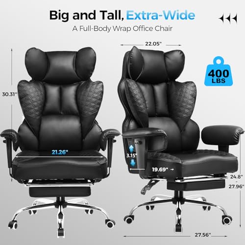 GTPLAYER Big and Tall Gaming Chair 400lbs Heavy Duty Office Chair with Foot Rest & Ergonomic Pocket Spring Lumbar Support, High Back 3D Saddle Shaped Cushion for Back Pain Relief, Matte-Black - color: Matte-black