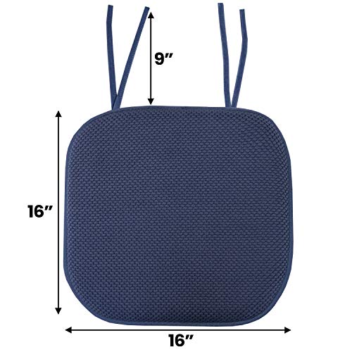 Sweet Home Collection Chair Cushion Memory Foam Pads with Ties Honeycomb Pattern Slip Non Skid Rubber Back Rounded Square 16" x 16" Seat Cover, 2 Pack, Navy - color: Navy, size: 2 Count (Pack of 1)