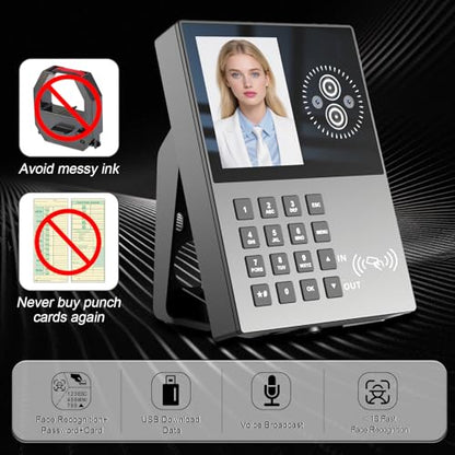 Employee Time Clock-Time Clocks for Employees Small Business Face Recognition,Badges&PIN Attendance Machine, 0 Monthly Fee Office in/Out Punch Clock, with 5 Badges & USB Flash Drive-T500