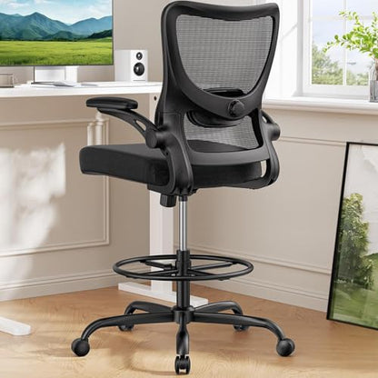 Marsail Drafting Chair, Tall Office Chair with 2D Lumbar Support, Standing Desk Chair with Padded Flip-Up Armrests & Adjustable Footrest Ring, Black - color: Black