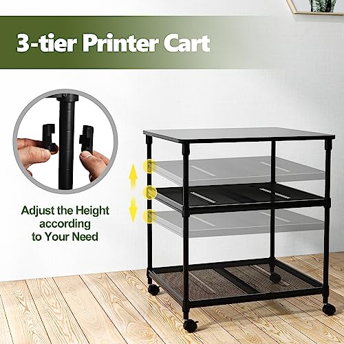Giantex Printer Stand, 3-Tier Industrial Printer Cart with Lockable Wheels, Adjustable Shelves, Metal Frame, Mobile Under Desk Shelf for Home Office, Printer Table Fit Fax Machine, Scanner (Black) - color: Black, size: 24"x20"x27.5"