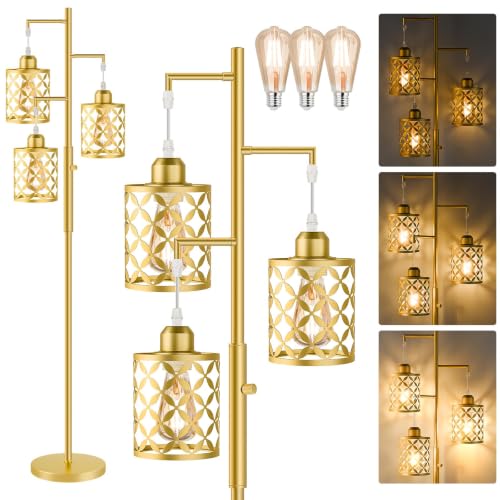68" Modern Tree Floor Lamp, Dimmable Industrial Tall Standing Lamp with Metal Cages & Rotary Dimmer Knob, Corner Decor Lighting for Living Room Bedroom Cafe, 3 x 800LM Bulbs Included - Gold - color: Gold (800LM), size: 68"