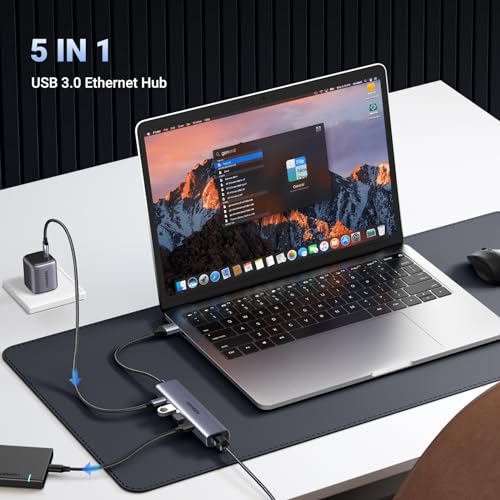 UGREEN USB to Ethernet Adapter, 5 in 1 USB Hub with Ethernet, Plug and Play - size: L100.9xW27xH18 (mm)