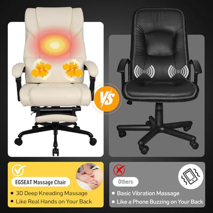 3D Kneading Massage Office Chair with Heat, 500 lbs Big and Tall Executive Computer Desk Recliner, Leather Electric Heated Office Chairs with Massage & Footrest - color: Beige