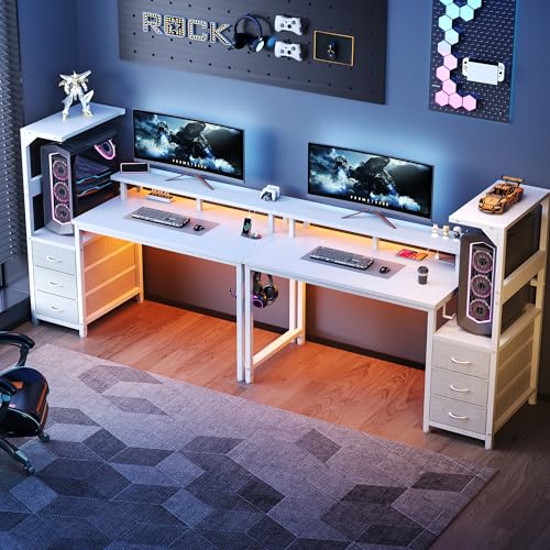 52" Reversible Gaming Desk with LED Lights Power Outlets, White | Computer Desk with Drawers Can be Used to Store Odds and Handles, Elevated PC Stand To Help You Showcase Your DIY Cases. - color: White, size: 53 In
