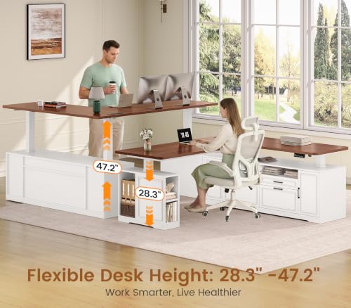 SEDETA Farmhouse L Shaped Executive Electric Standing Desk with 4 Drawers | 69" x 55" Height Adjustable Office Computer Desk with Storage Shelves, Power Outlet for Home Office, White - color: White and Brown