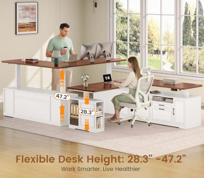 SEDETA Farmhouse L Shaped Executive Electric Standing Desk with 4 Drawers | 69" x 55" Height Adjustable Office Computer Desk with Storage Shelves, Power Outlet for Home Office, White - color: White and Brown