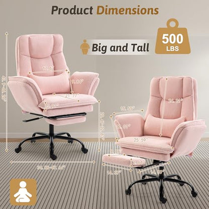 Wider Seat Office Chair with Flip Armrests for Criss Cross Legged&Cats, Big and Tall Executive Ergonomic Reclining Chair with Footrest&Lumbar Pillow, Teddy Fleece Desk Chair,Pink Vanity Chair - color: Pink
