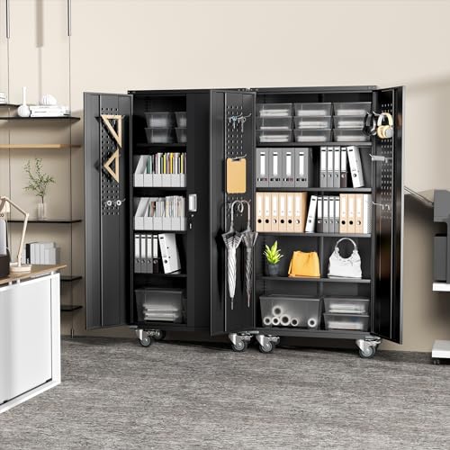 Greenvelly Garage Storage Cabinet with Wheels, Rolling Metal Cabinet with Pegboards and Adjustable Shelves,- 72" Steel Tool Cabinet for Home Office, Garage, Warehouse, Black - color: Black, size: Rolling 72"with Pegboards
