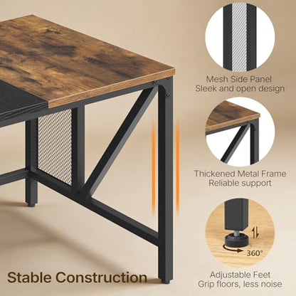 YATINEY 70.9" Computer Desk with Power Outlets, Gaming Desk, Large Office Executive Desk Workstation, Business Furniture for Home Office, Study, Rustic Brown and Black DN18UBR