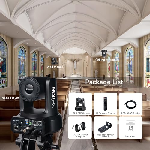 TONGVEO NDI AI Auto-Tracking IP PTZ Camera SDI/HDMI/USB3.0/LAN PoE 30X Optical + 8X Digital Zoom 1080P 60fps for Live Streaming Church Services Education Video Conference with OBS vMix and More - color: Shadow