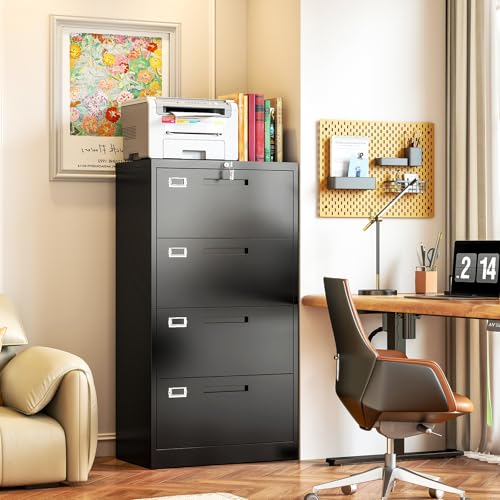 Metal Lateral 4 Drawer File Cabinet with Lock, Wide Filing Cabinet for Home Office Organization Hanging Files Letter/Legal/F4/A4 Size (Black, Assembly Required) - color: Black, size: 51.7"H x 28.35"W x 15.75"D
