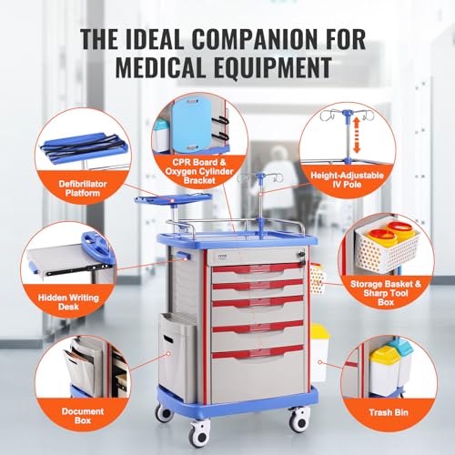 VEVOR Medical Crash Cart, Nursing Emergency Rolling Cart with 5 Drawers & 4 Silent Wheels, Adjust IV Pole, Needle Disposal Holder, Trash Bin, O2 Holder, Mobile Trolley for Hospital, Clinic, Lab, Salon - color: Grey + Blue