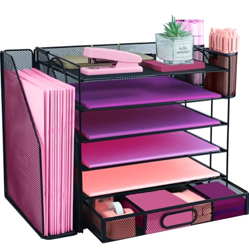 Desk Organizers and Accessories with File Holder, 6-Tier Paper Letter Tray Organiser with Drawer and 2 Pen Holder, Mesh Desktop Document Organizer for Office Supplies, Workspace - Black - color: 6 Tier - Black