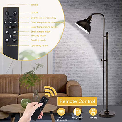 PARTPHONER Industrial Floor Lamp Adjustable, Rustic Farmhouse Reading Lamp in Aged Black Finish, Modern Standing Lamp with Remote Control Metal Shade for Living Room Bedroom Study Room Office Hotel - color: Black