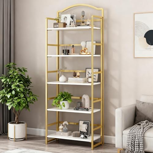 JSB 5 Tier No Assembly Folding Bookshelf, Arched Bookshelf, Foldable Bookcase for Living Room, Bedroom, Office,Skinny Bookshelf (White and Gold) - color: White and Gold, size: 5-Tier