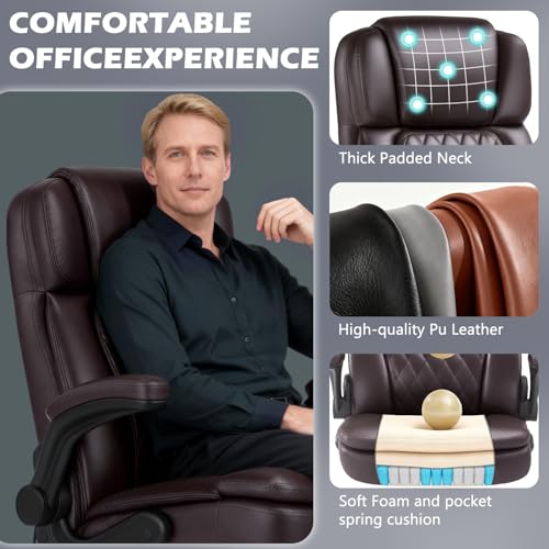 450LBS Big and Tall Executive Office Chair with Flip up Arm,Heavy Duty PU Leather Computer Desk Chair,Comfortable High Back Swivel Home Office Chair with Rolling for Adults,Spring Cushion,Metal Base - color: Brown