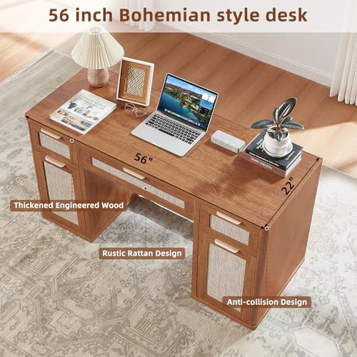 LEYAOYAO Office Desk 56" with 5 Drawers Storage File Cabinet, Tea Brown - color: Tea Brown