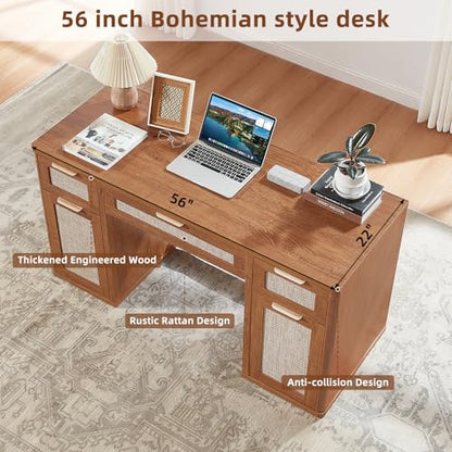 LEYAOYAO Office Desk 56" with 5 Drawers Storage File Cabinet, Tea Brown - color: Tea Brown
