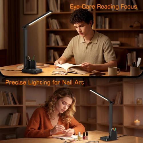 LED Desk Lamps for Dorm Office with USB C Charging Station, 800lm, CRI>90 - color: Black