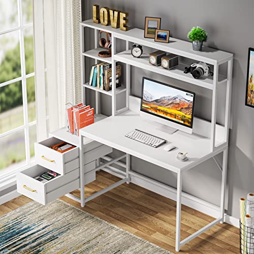 Tribesigns 55 Inch Computer Desk with 2 Drawers and Storage Shelves, Rustic Office Desk with Hutch, Study Writing Gaming Table Laptop Workstation for Home Office (White) - color: White