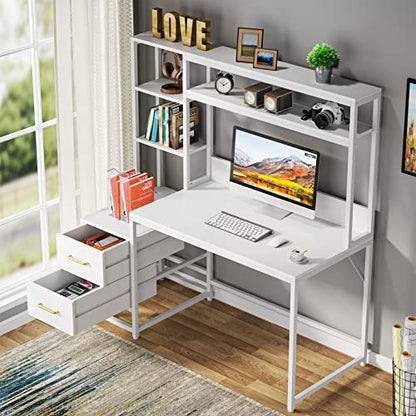 Tribesigns 55 Inch Computer Desk with 2 Drawers and Storage Shelves, Rustic Office Desk with Hutch, Study Writing Gaming Table Laptop Workstation for Home Office (White) - color: White