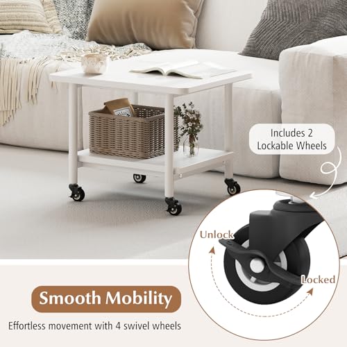 GOFLAME Under Desk Printer Stand, 2-Tier Mobile Printer Table with Storage Shelf, Metal Frame, Rolling Printer Cart Holder Storage Rack with Lockable Wheels for Home Office, White - color: White
