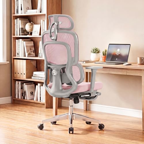 Pink Ergonomic Mesh Office Chair with Footrest, Lumbar Support | Cute High Back Desk Chair With 4D Armrests|Adjustable Headrest|135° Recline And Breathable Mesh Comfort For Work or Gaming - color: Pink